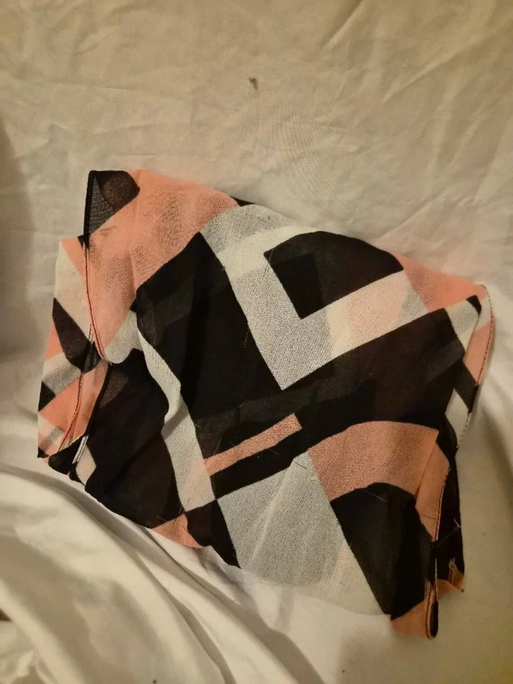 Vintage 80s Scarf Geometric Abstract Print Peach Black White Retro Mod Accessory